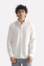 White premium cotline shirt in cotton-linen blend, worn by a model, by SOLA Pakistan.