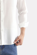 White regular fit cotton shirt shown in a styled fit, by SOLA Pakistan.