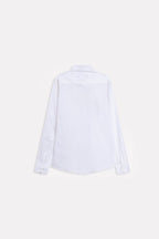Texture and fabric detail, white regular fit cotton shirt, by SOLA Pakistan.
