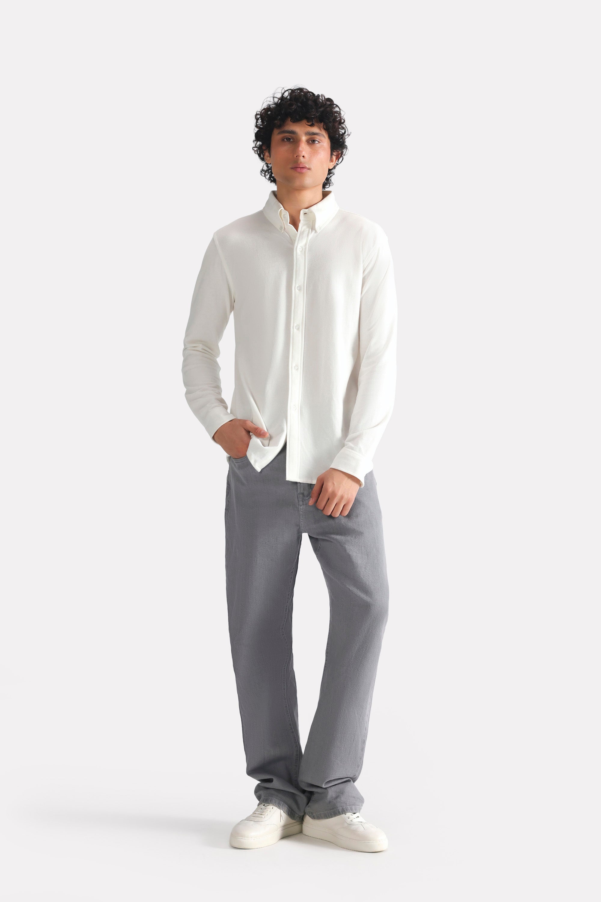 White regular fit pique shirt, full styled look, by SOLA Pakistan.