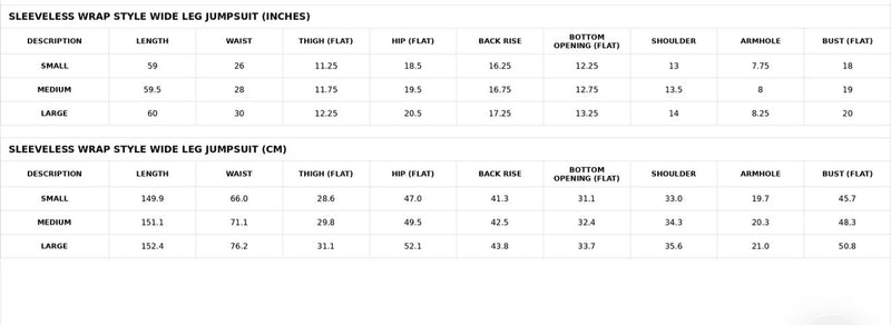 Size chart for Sleeveless Wrap Style Wide Leg Jumpsuit Co-ord