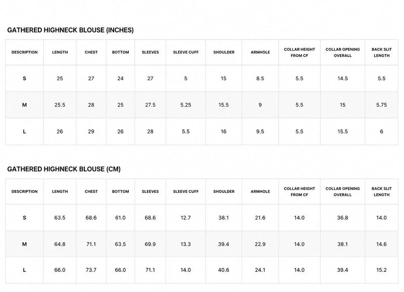 Size chart for Gathered Highneck Blouse