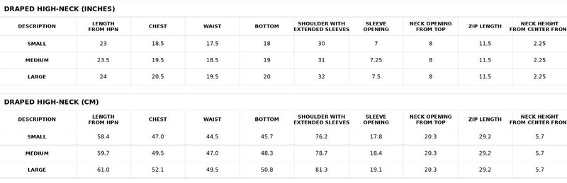 Size chart for Drapped High Neck Asymmetrical