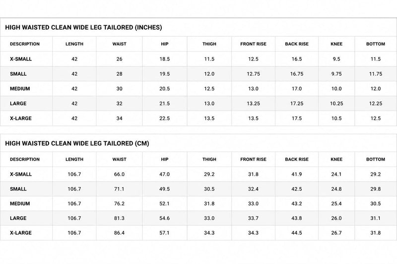 Size chart for High Waisted Clean Wide Leg Tailored Trouser