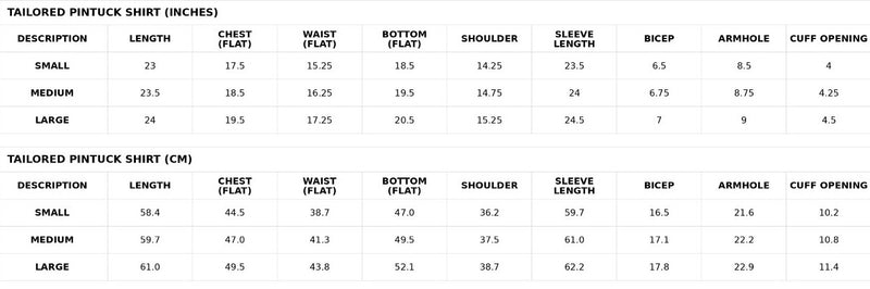 Size chart for Tailored Pintuck Shirt