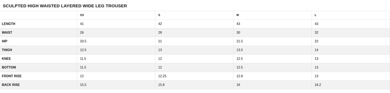 Size chart for Sculpted High Waisted Layered Wide Leg Trouser