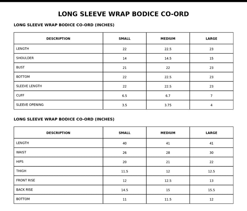 Size chart for Long Sleeve Wrap Bodice Co-Ord