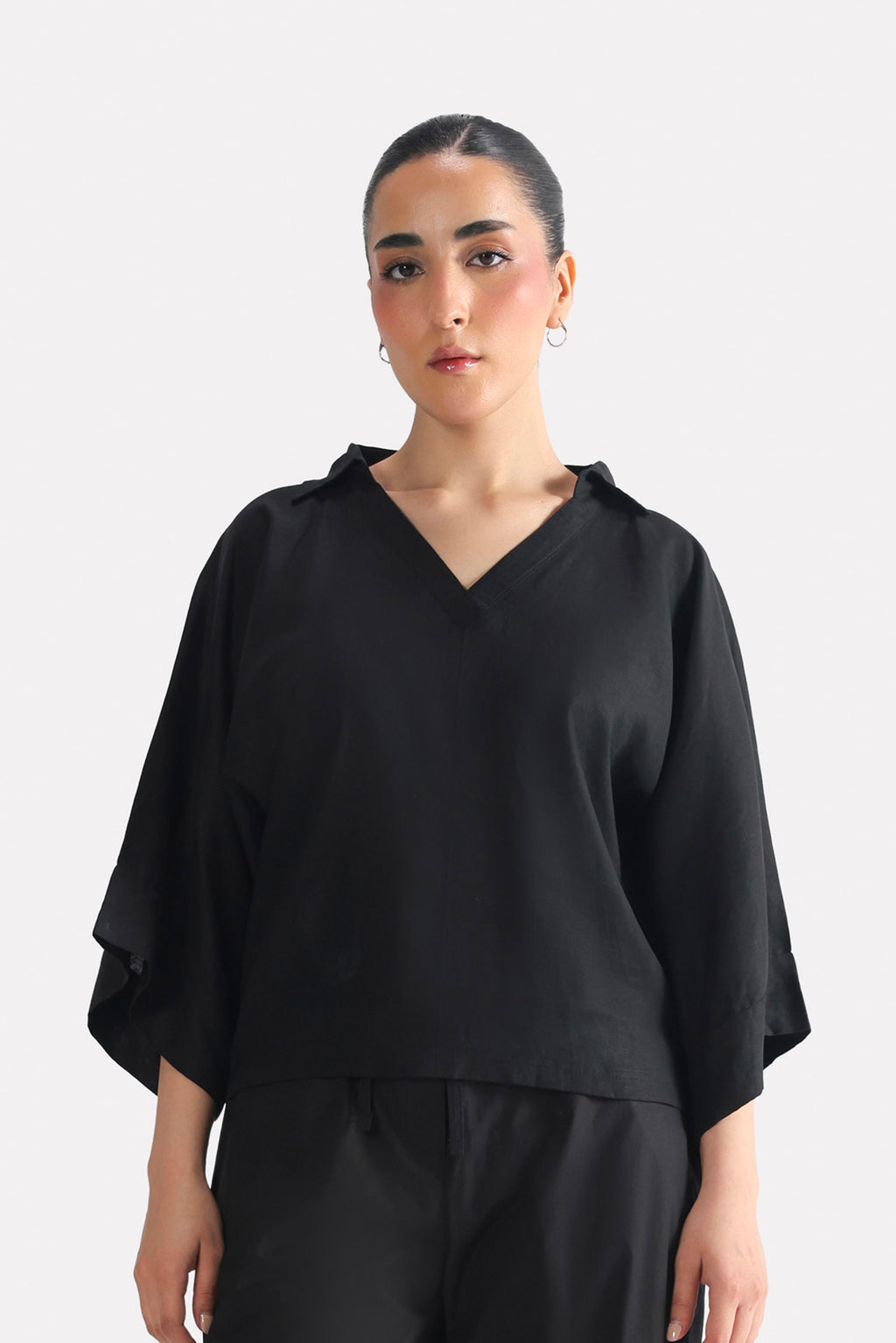 Wide Collar Relaxed Top - Black