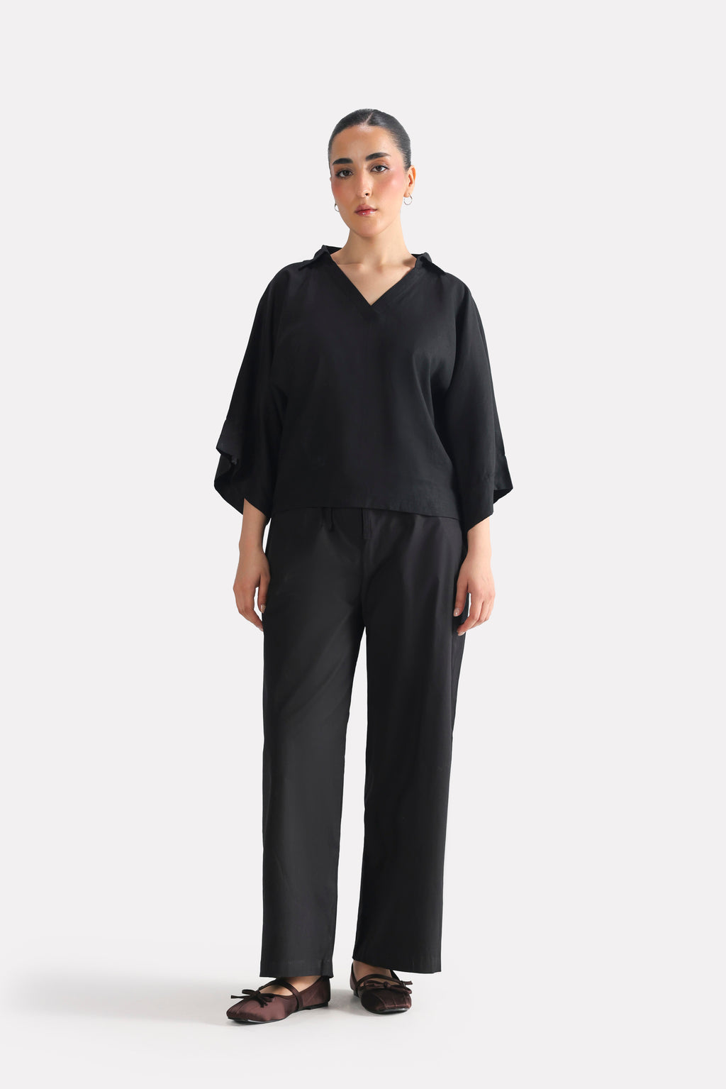Wide Collar Relaxed Top - Black
