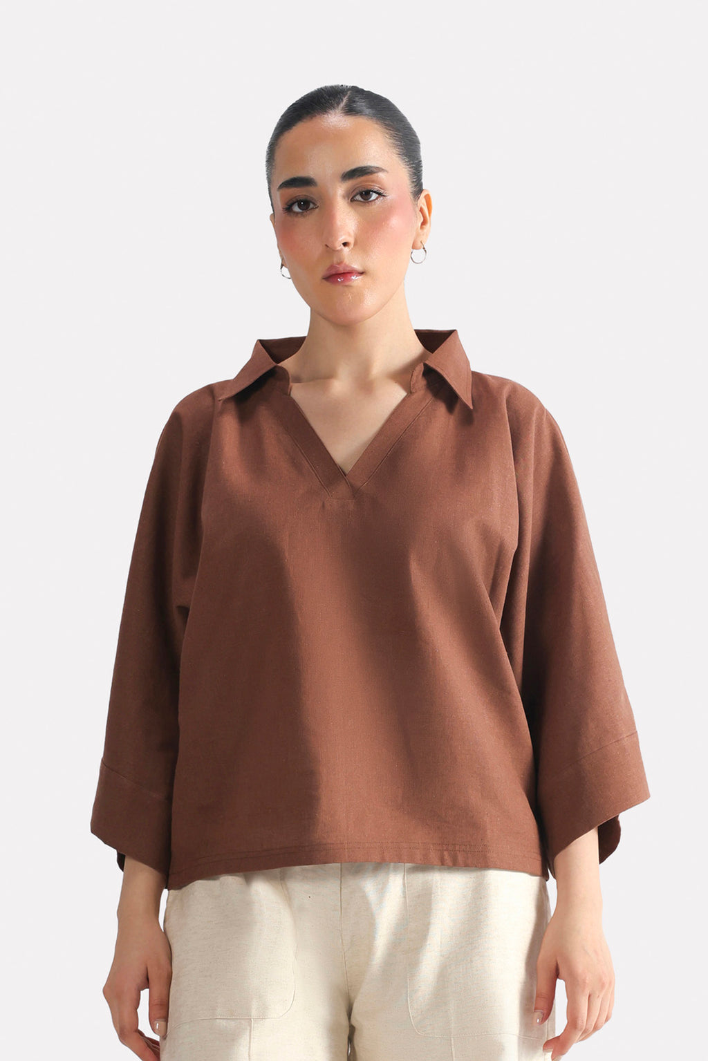 Wide Collar Relaxed Top - Chocolate Brown