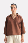 Wide Collar Relaxed Top - Chocolate Brown