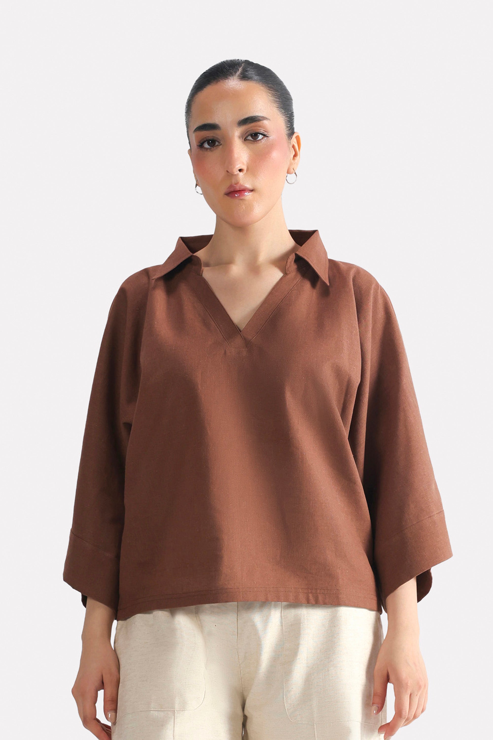Wide Collar Relaxed Top - Chocolate Brown