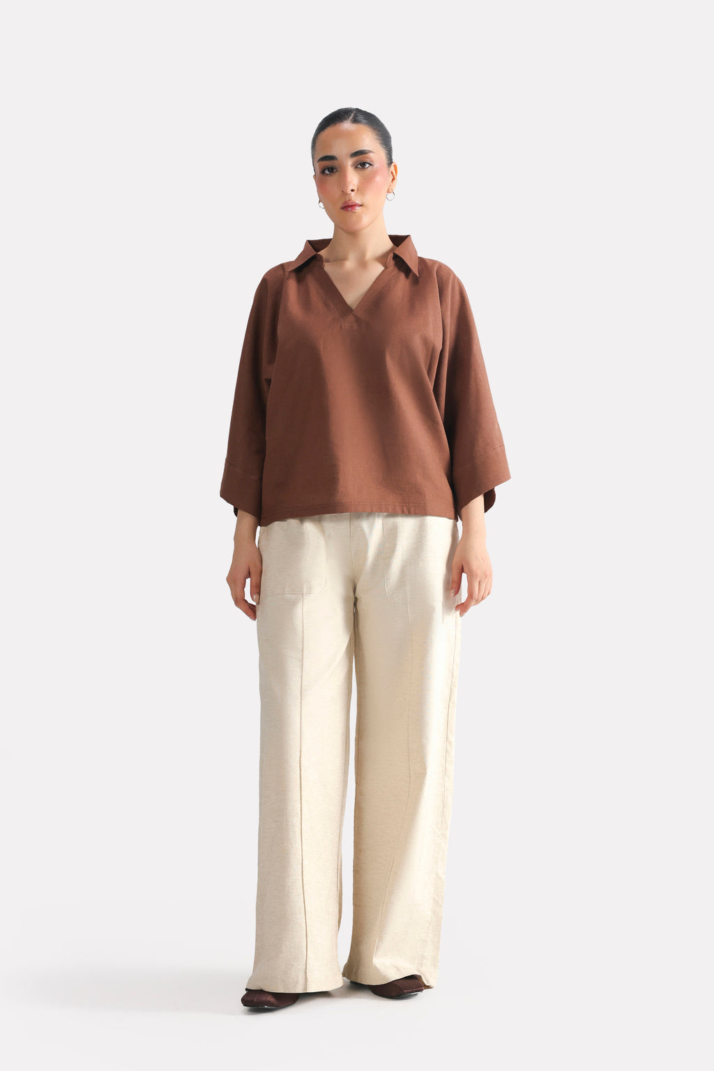Wide Collar Relaxed Top - Chocolate Brown