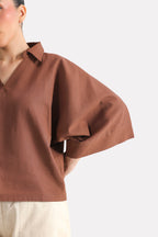 Wide Collar Relaxed Top - Chocolate Brown
