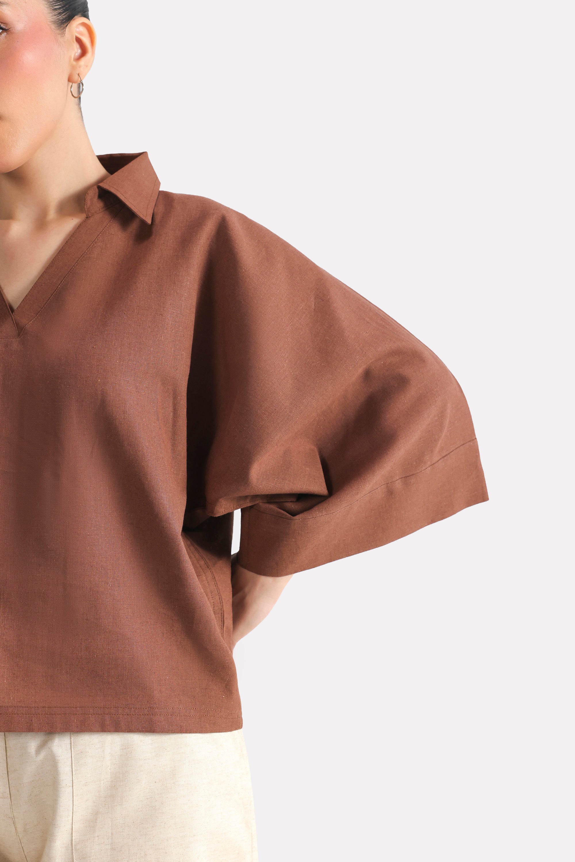 Wide Collar Relaxed Top - Chocolate Brown