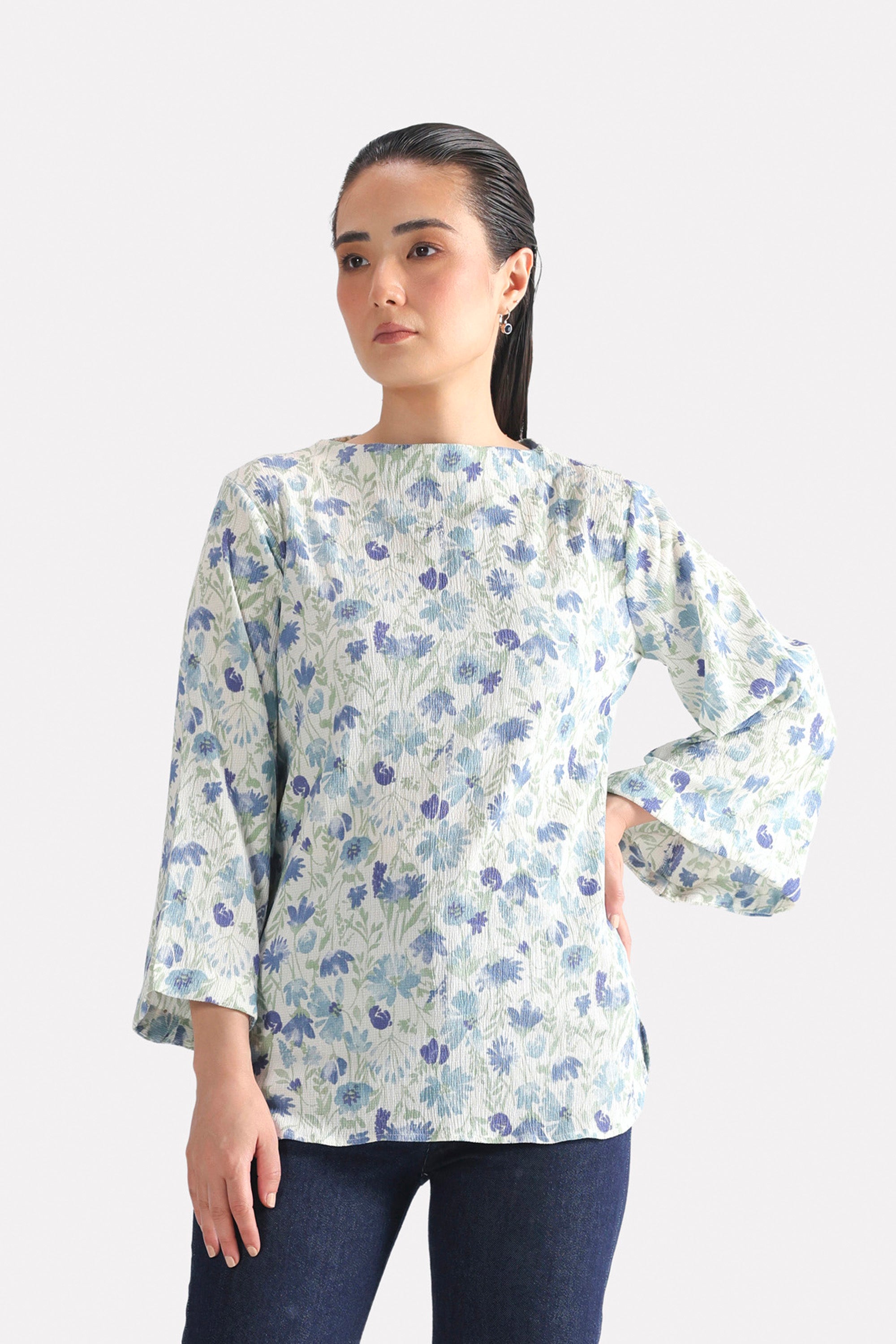 Willow Print Relaxed Top - White&Blue