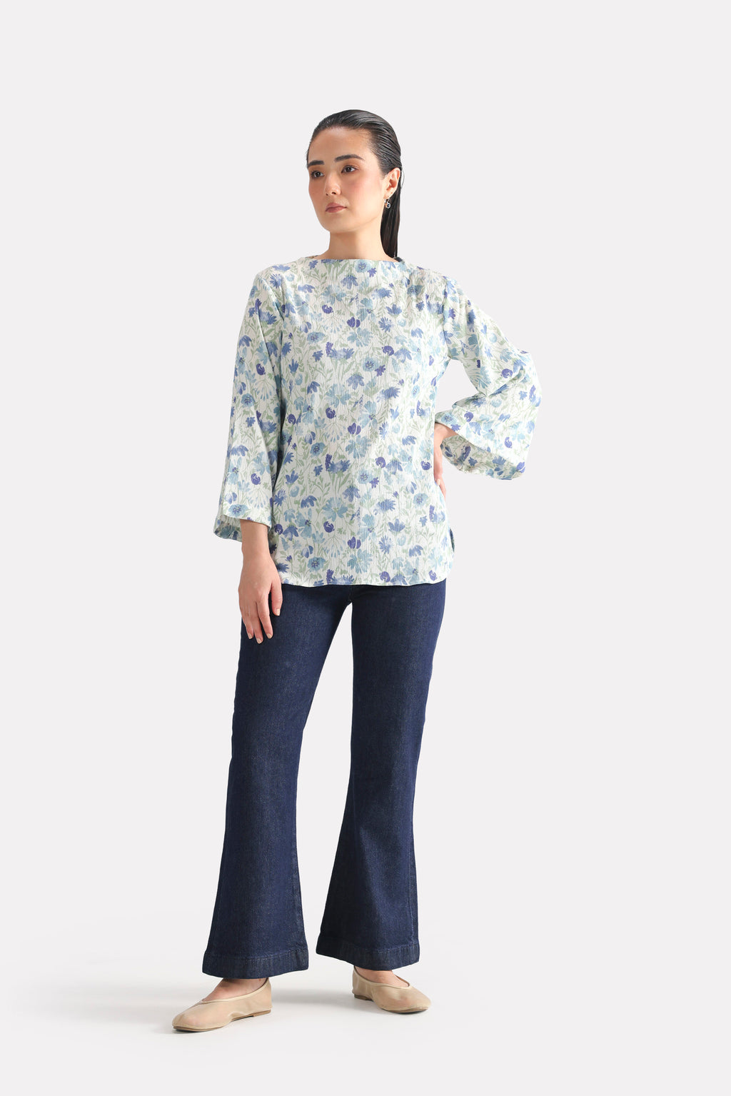 Willow Print Relaxed Top - White&Blue