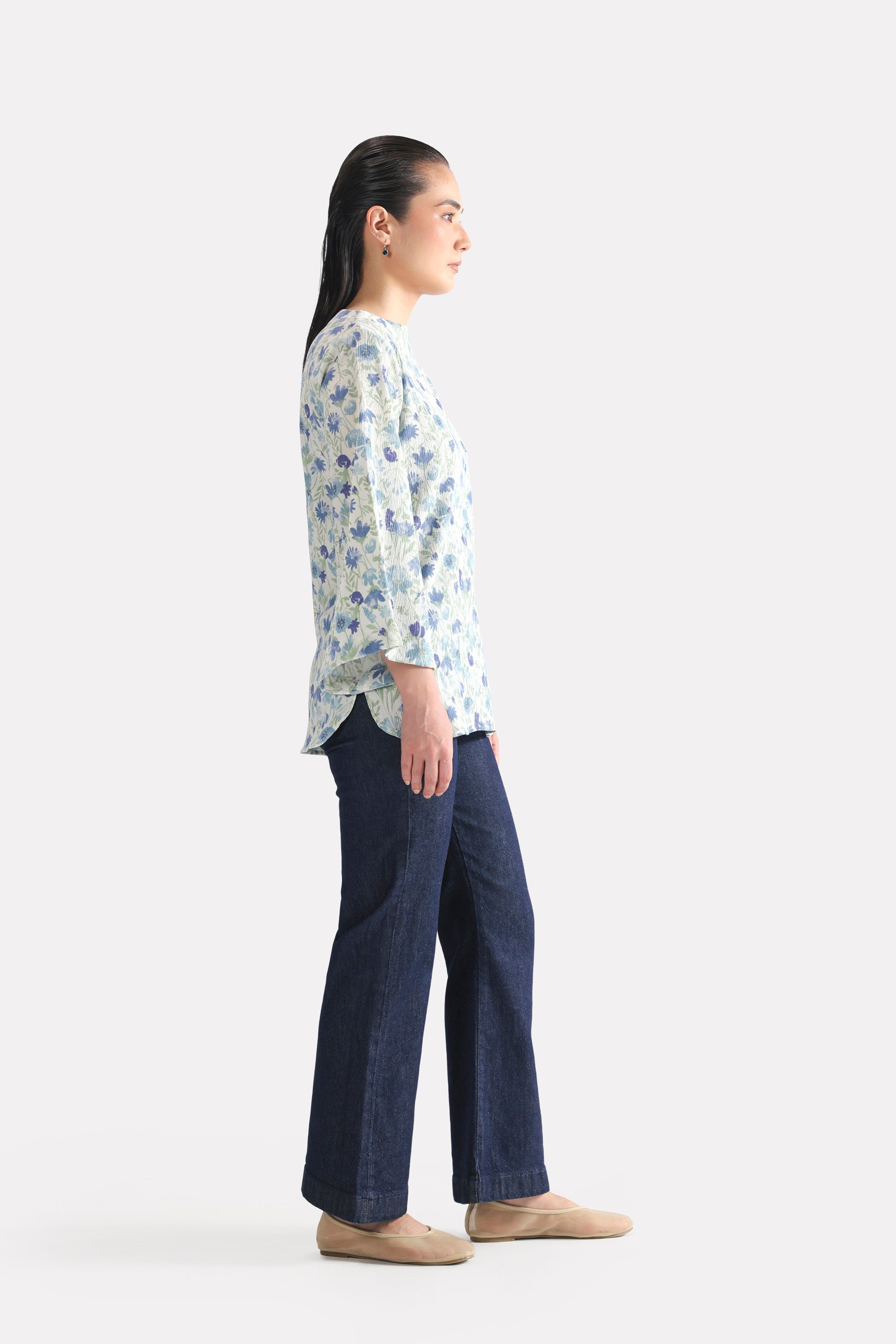 Willow Print Relaxed Top - White&Blue