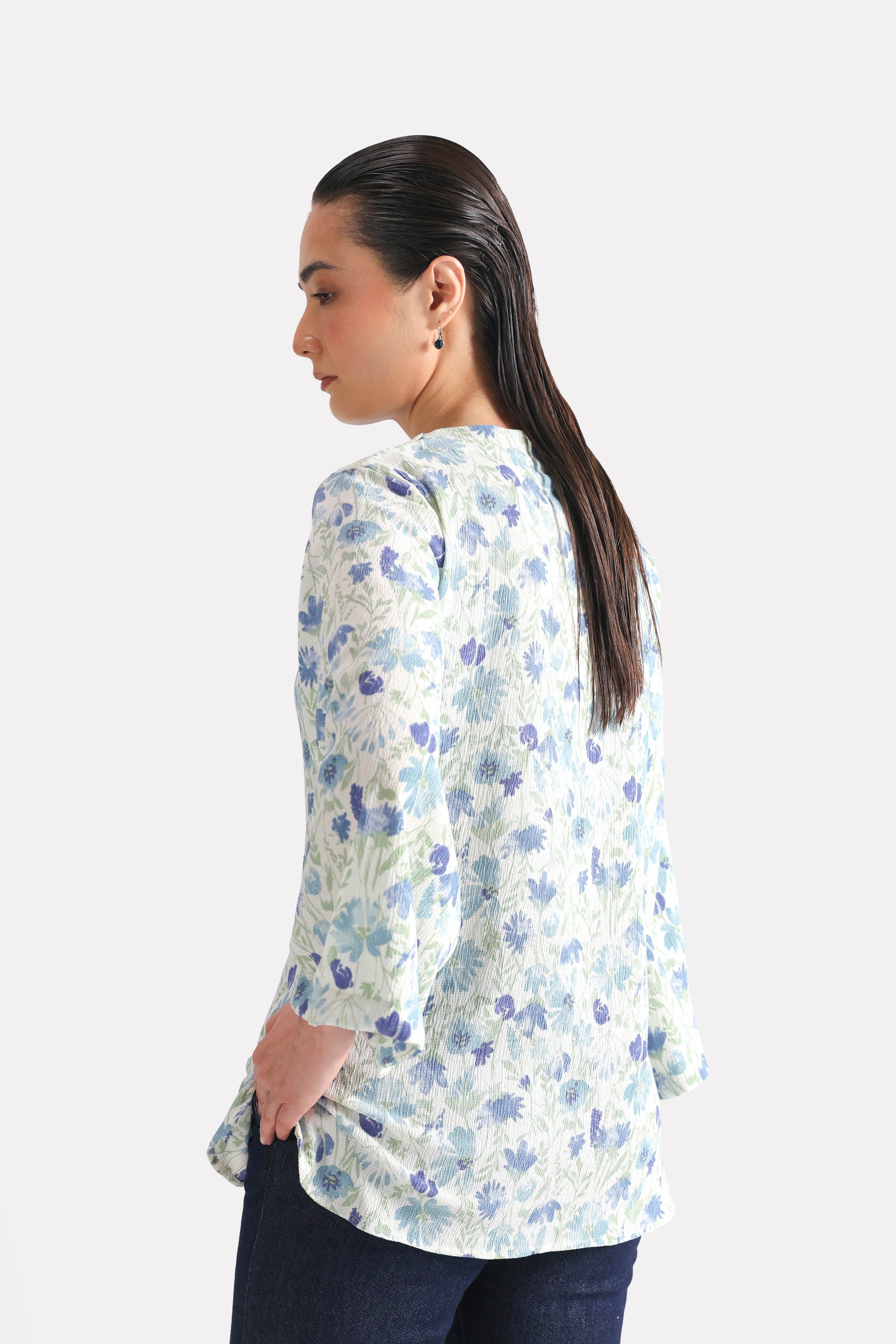 Willow Print Relaxed Top - White&Blue