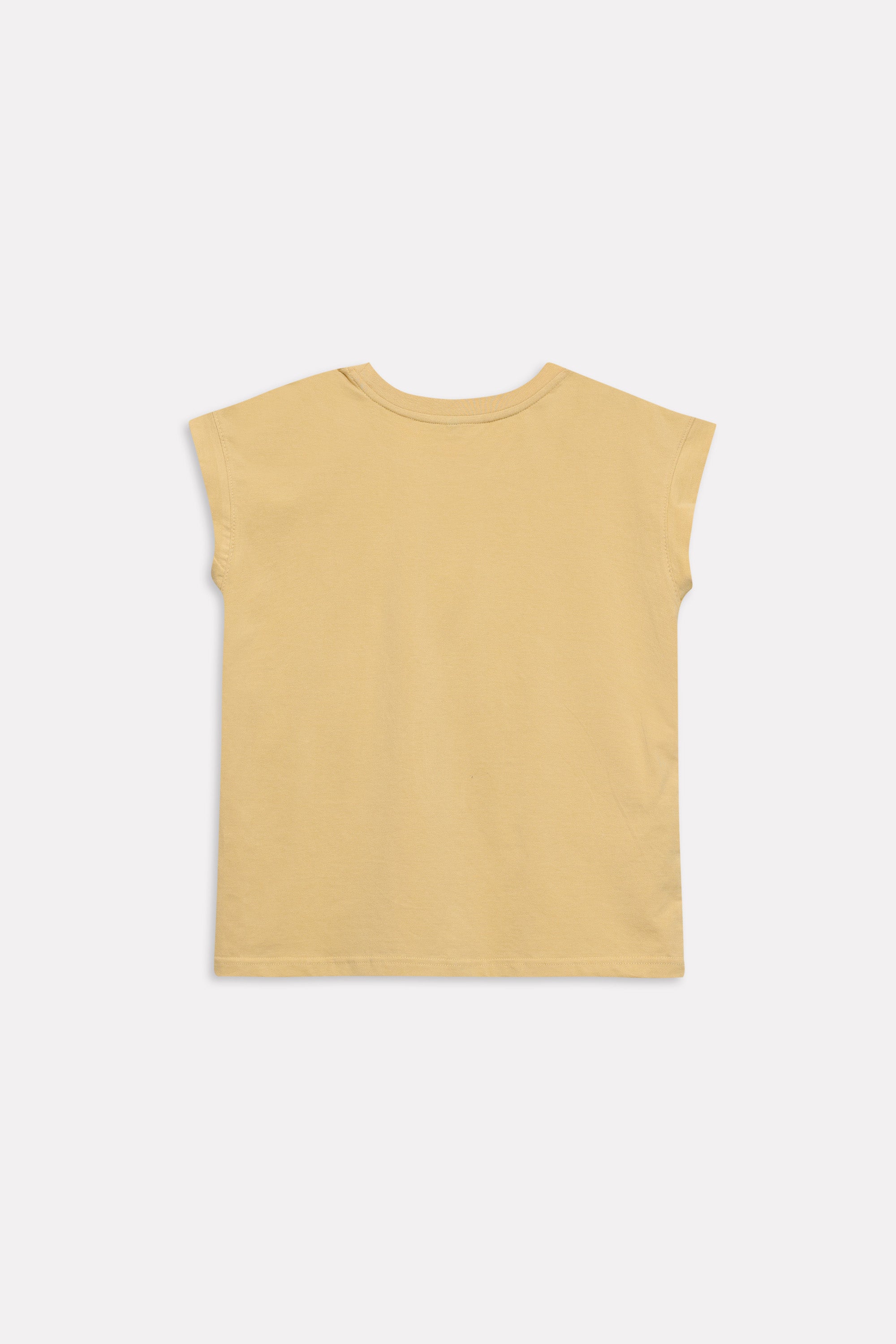 Flat lay of the beige cap sleeve t-shirt, by SOLA Pakistan.