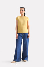 Beige cap sleeve t-shirt, full styled look, by SOLA Pakistan.