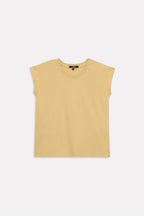 Beige cap sleeve t-shirt shown in a styled fit, by SOLA Pakistan.