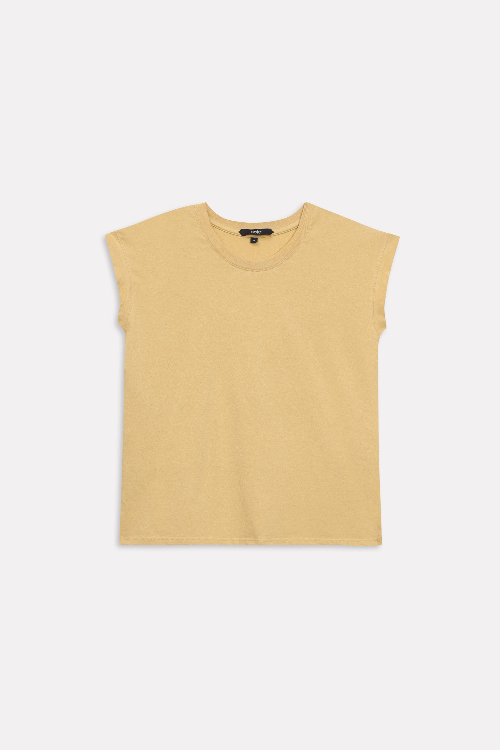 Beige cap sleeve t-shirt shown in a styled fit, by SOLA Pakistan.