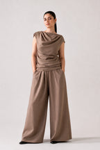 Beige cozy chic co-ord top, full styled look, by SOLA Pakistan.