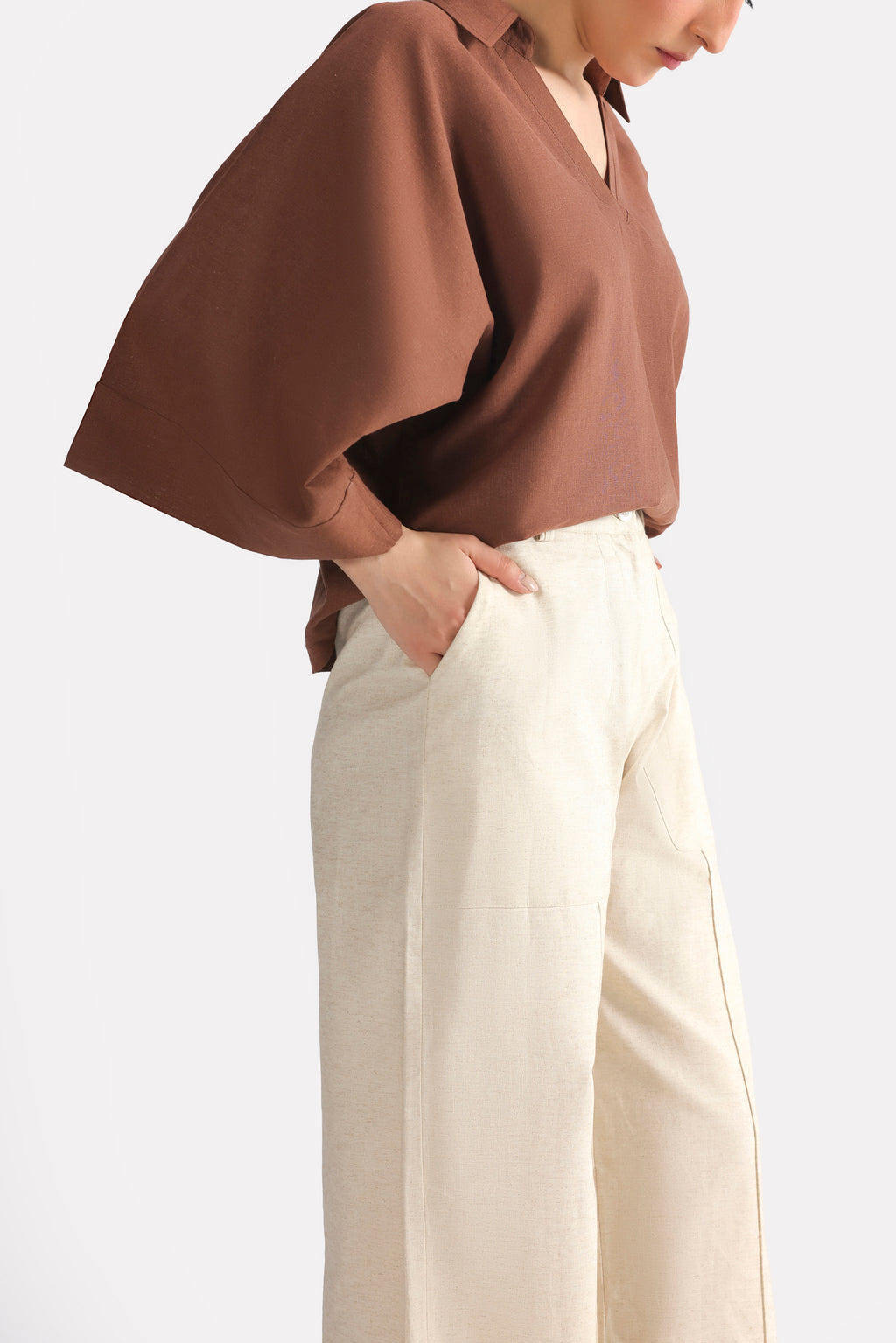 Beige patch pocket trouser, full styled look, by SOLA Pakistan.