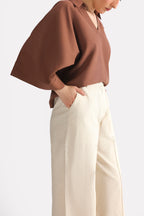Beige patch pocket trouser, full styled look, by SOLA Pakistan.