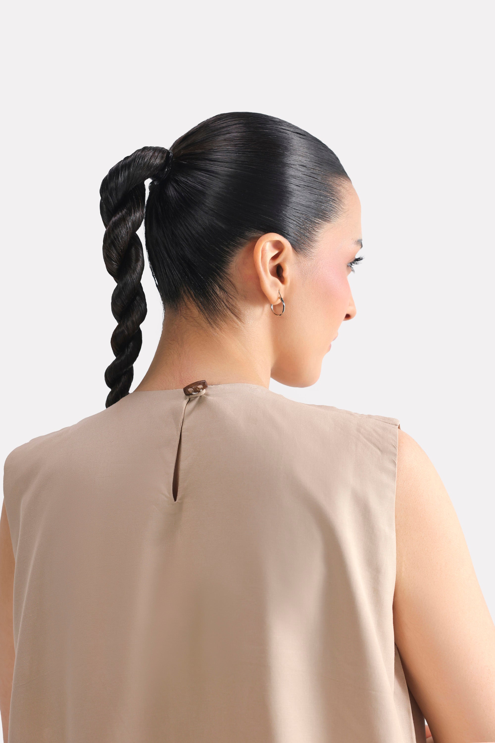 Additional view of the beige pleated co-ord top, by SOLA Pakistan.