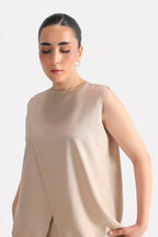 Beige pleated co-ord top shown in a styled fit, by SOLA Pakistan.