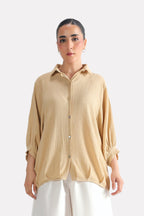 Additional view of the beige pleated hem woven top, by SOLA Pakistan.