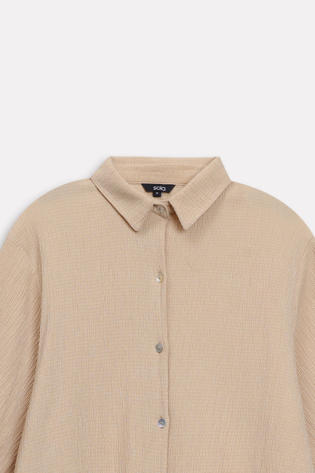 Beige pleated hem woven top, alternate angle, by SOLA Pakistan.