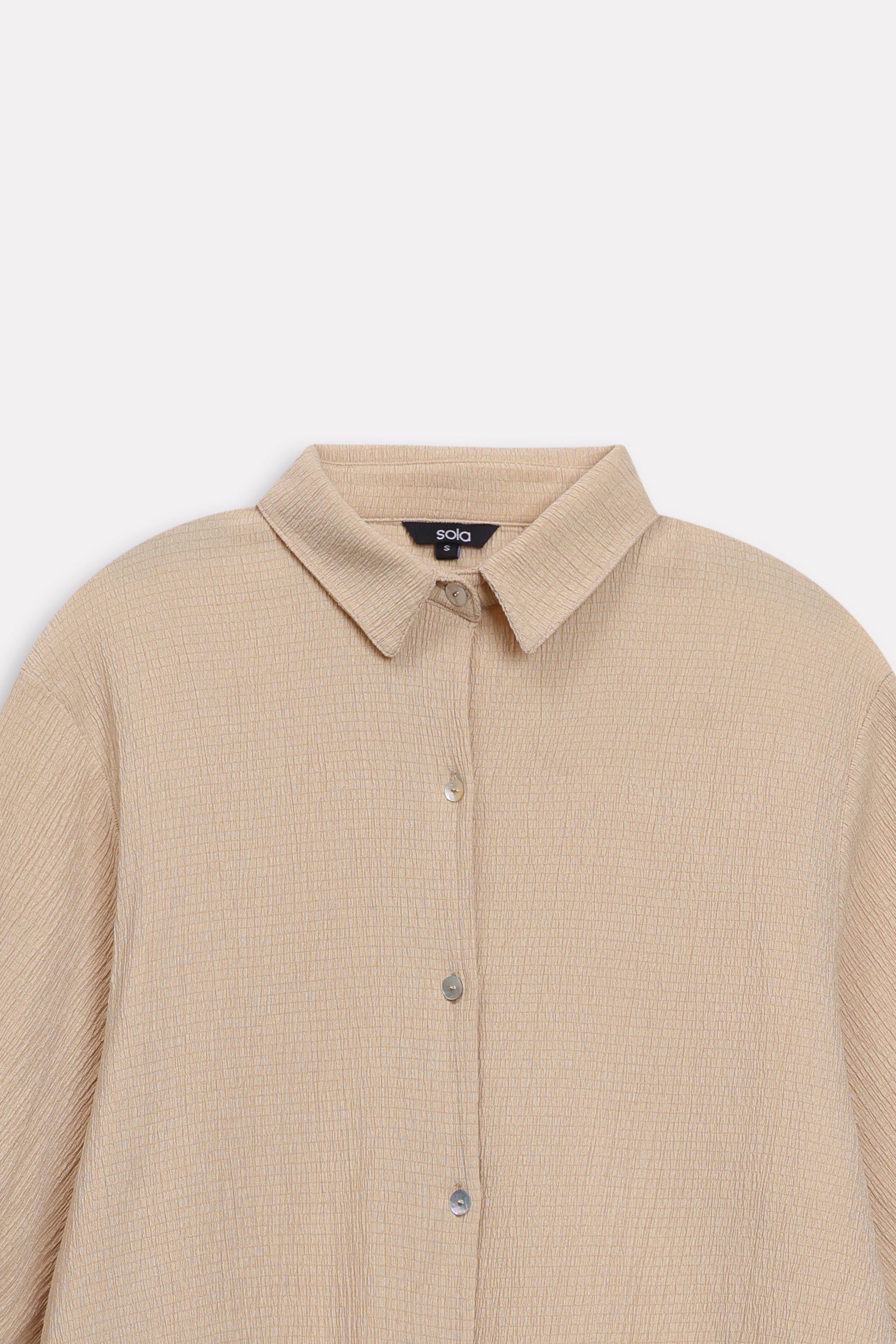 Beige pleated hem woven top, alternate angle, by SOLA Pakistan.