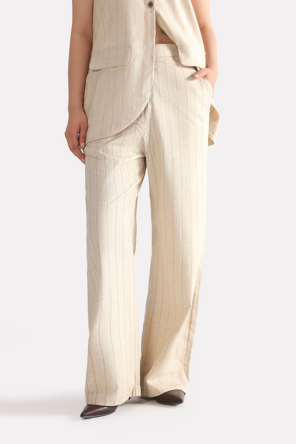 Beige print linen blend tailored co-ord bottom, full styled look, by SOLA Pakistan.