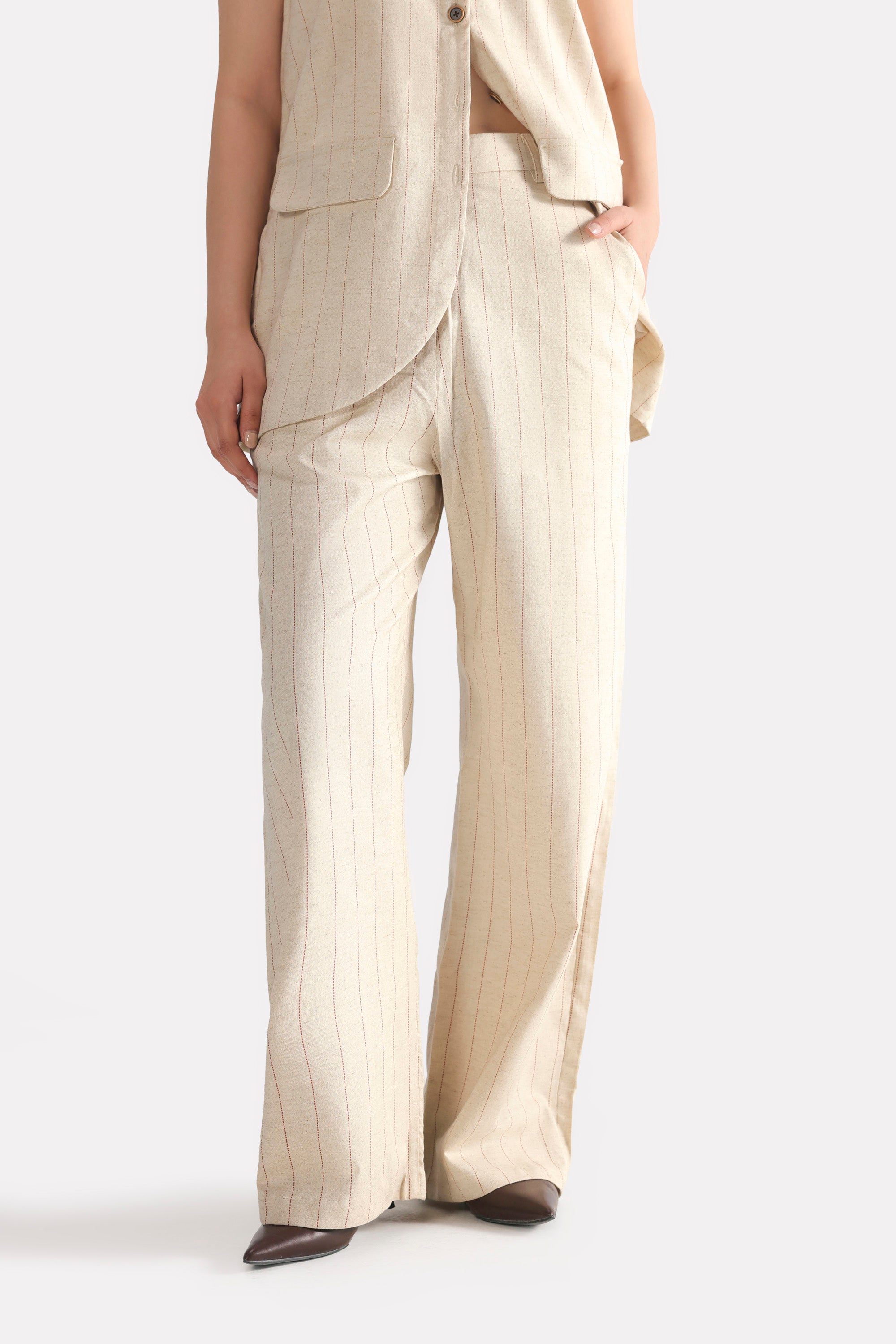 Beige print linen blend tailored co-ord bottom, full styled look, by SOLA Pakistan.
