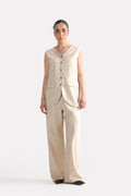 Beige print linen blend tailored co-ord bottom, worn by a model, by SOLA Pakistan.