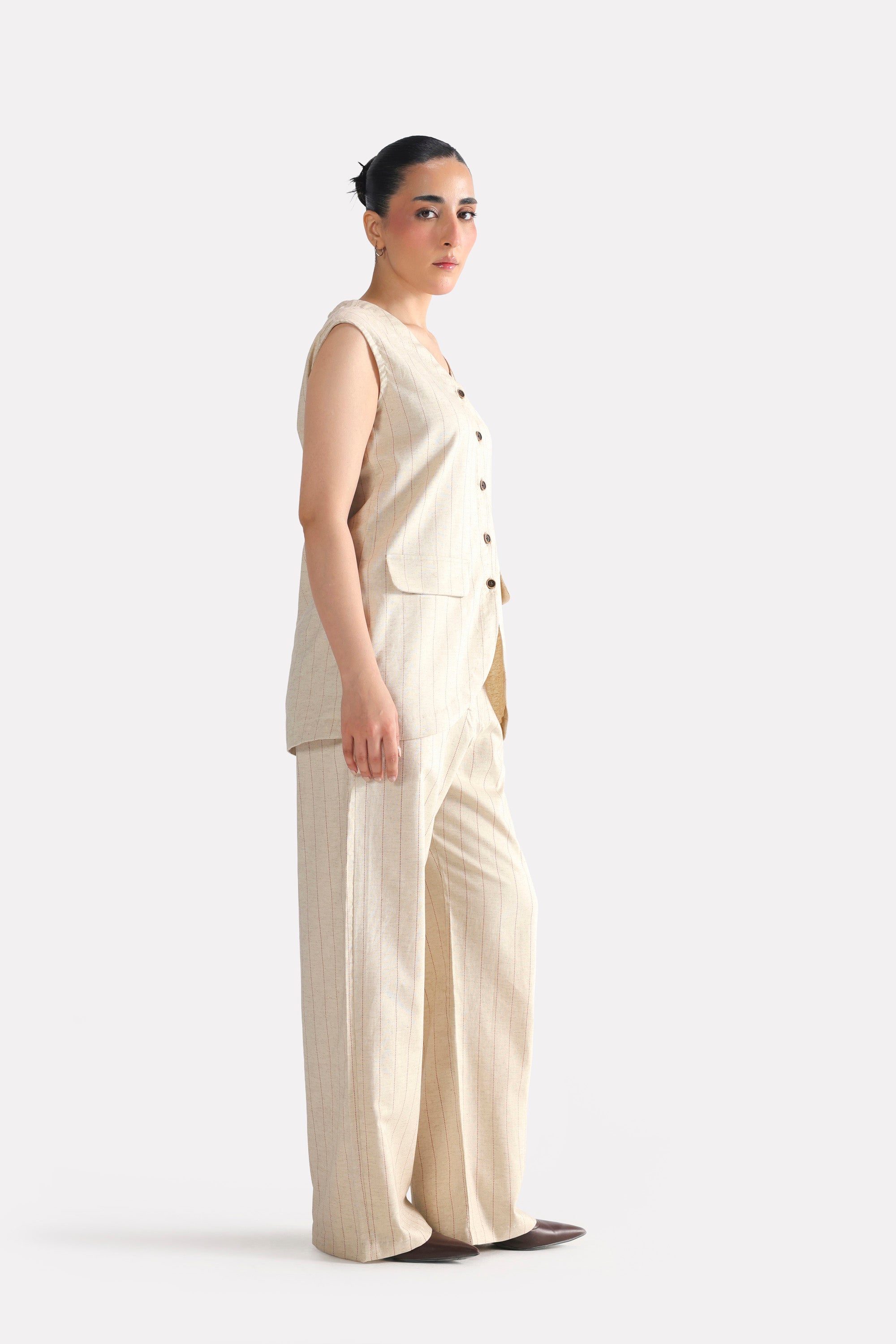Beige print linen blend tailored co-ord top, full styled look, by SOLA Pakistan.