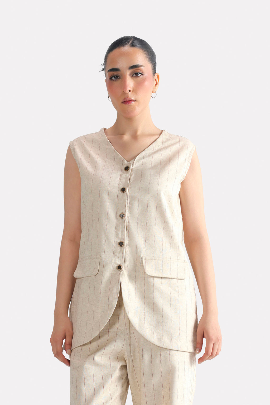 Beige print linen blend tailored co-ord top, worn by a model, by SOLA Pakistan.