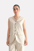 Beige print linen blend tailored co-ord top, worn by a model, by SOLA Pakistan.