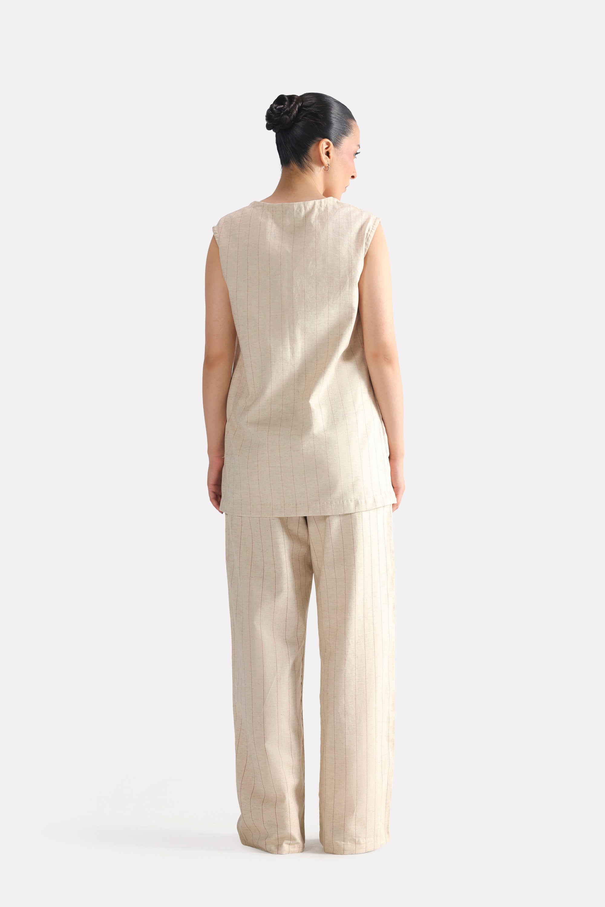 Texture and fabric detail, beige print linen blend tailored co-ord top, by SOLA Pakistan.