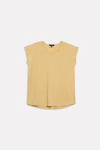 Flat lay of the beige relaxed shoulder-tab t-shirt, by SOLA Pakistan.