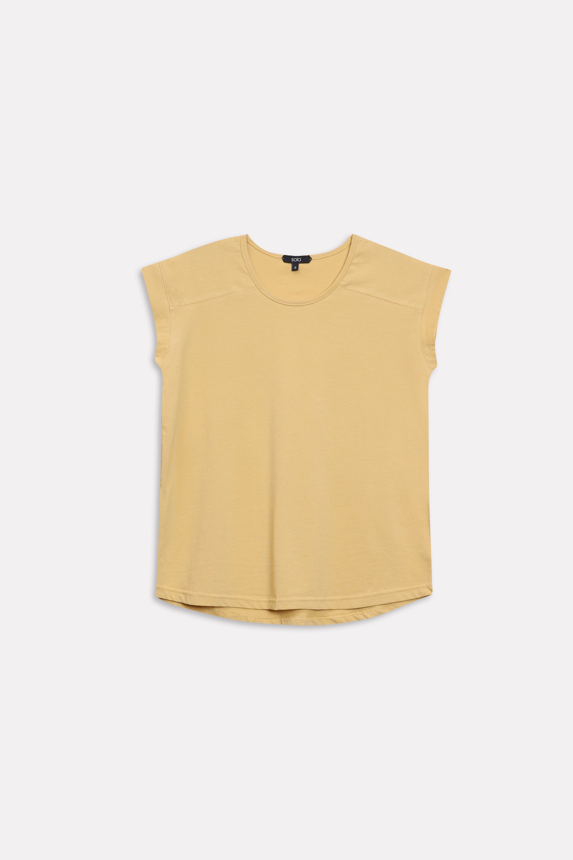 Flat lay of the beige relaxed shoulder-tab t-shirt, by SOLA Pakistan.