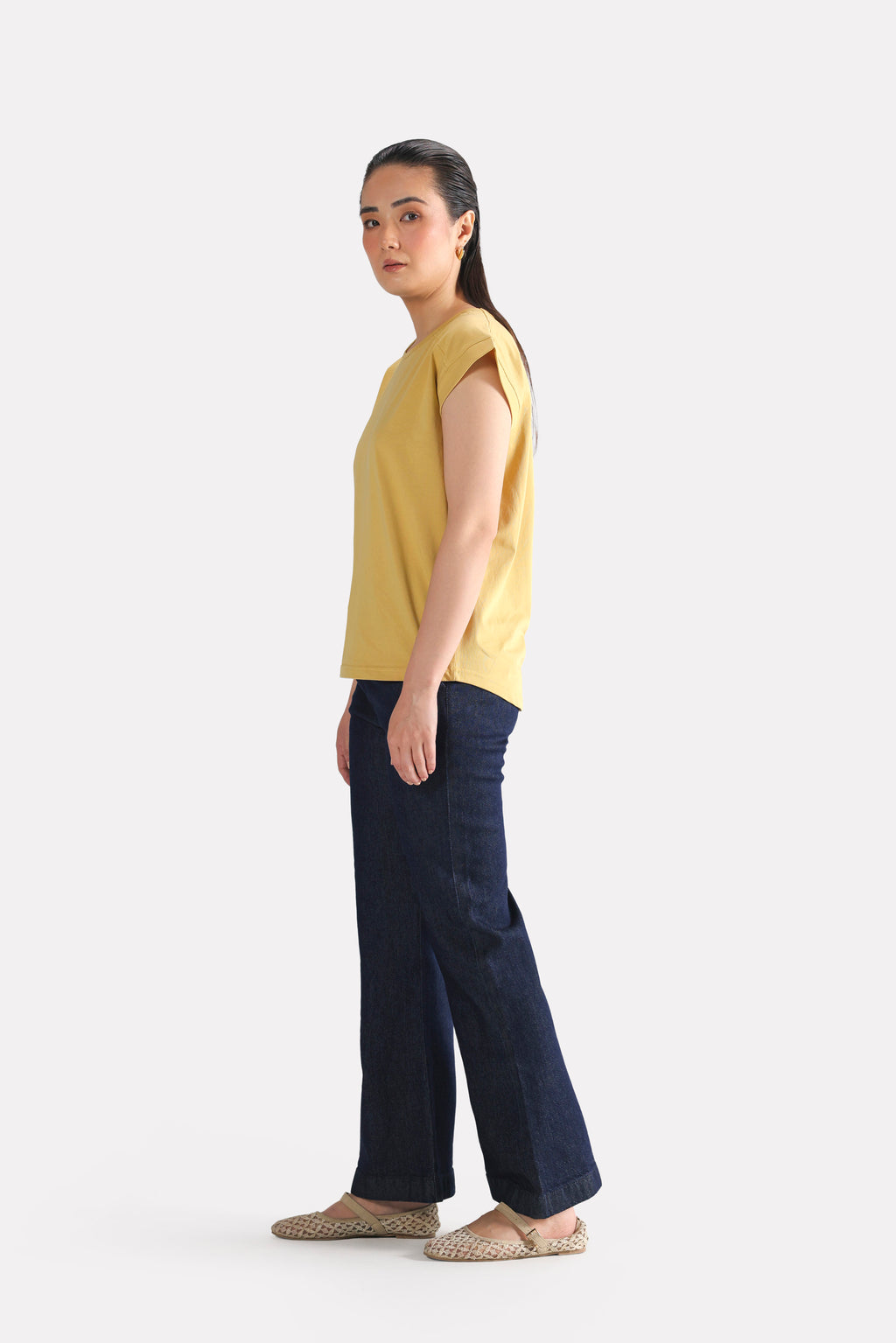 Beige relaxed shoulder-tab t-shirt, full styled look, by SOLA Pakistan.