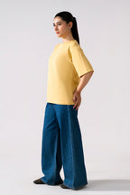 Beige round neck t-shirt, full styled look, by SOLA Pakistan.