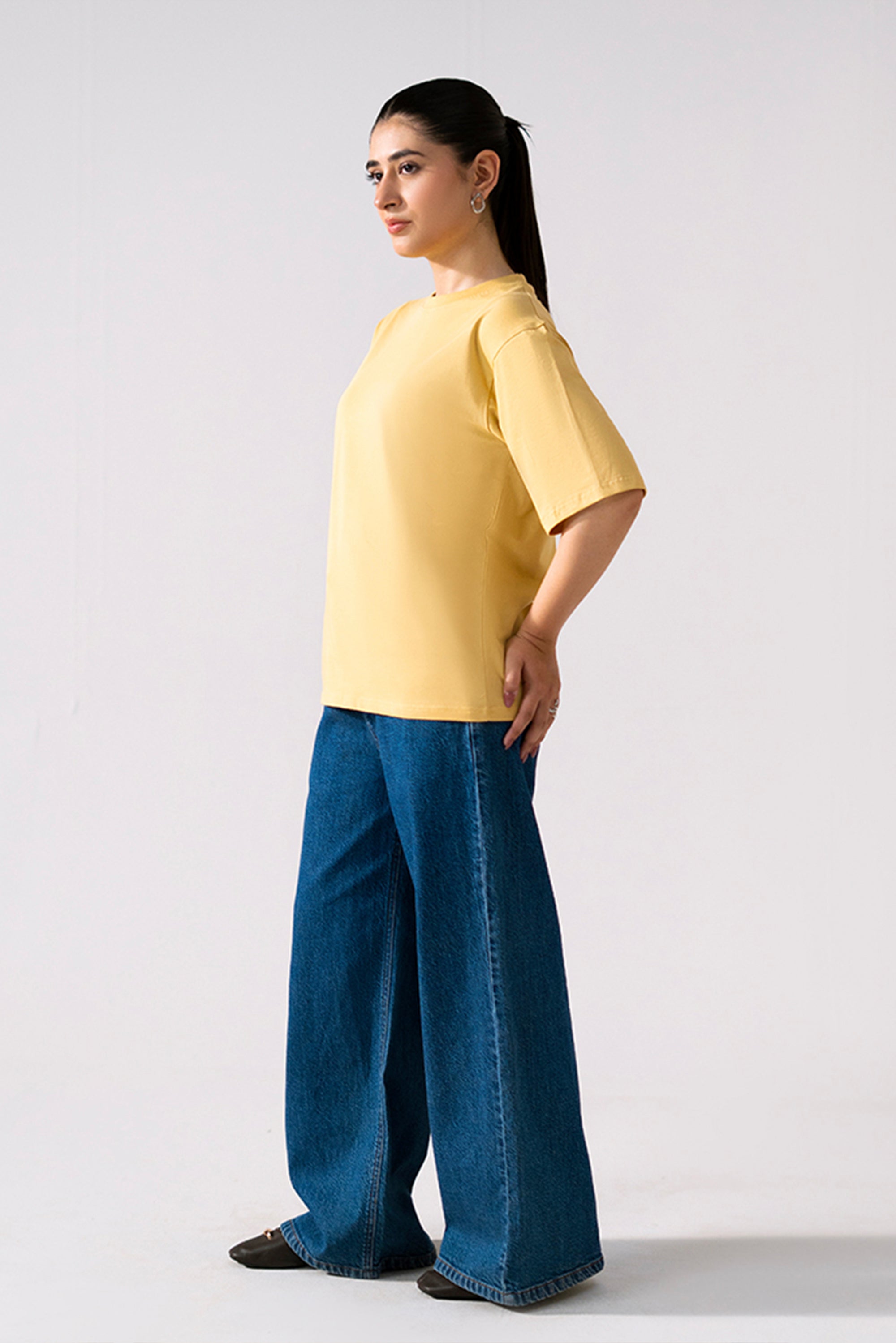 Beige round neck t-shirt, full styled look, by SOLA Pakistan.