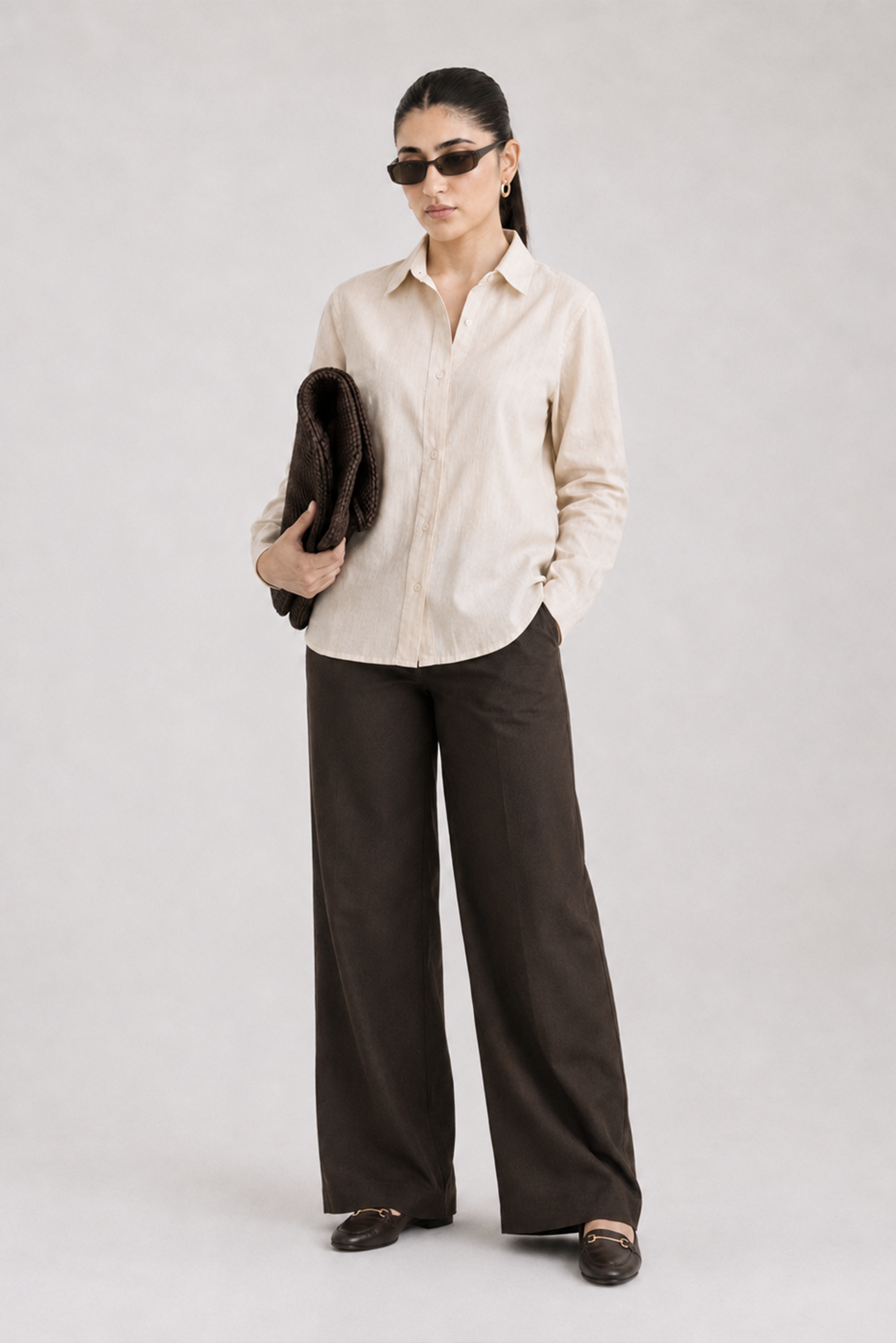 Beige (sand) refined pleated woven shirt, full styled look, by SOLA Pakistan.