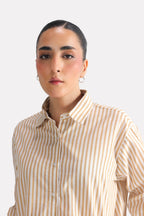 Additional view of the beige & white stripe button-up stripe shirt, by SOLA Pakistan.