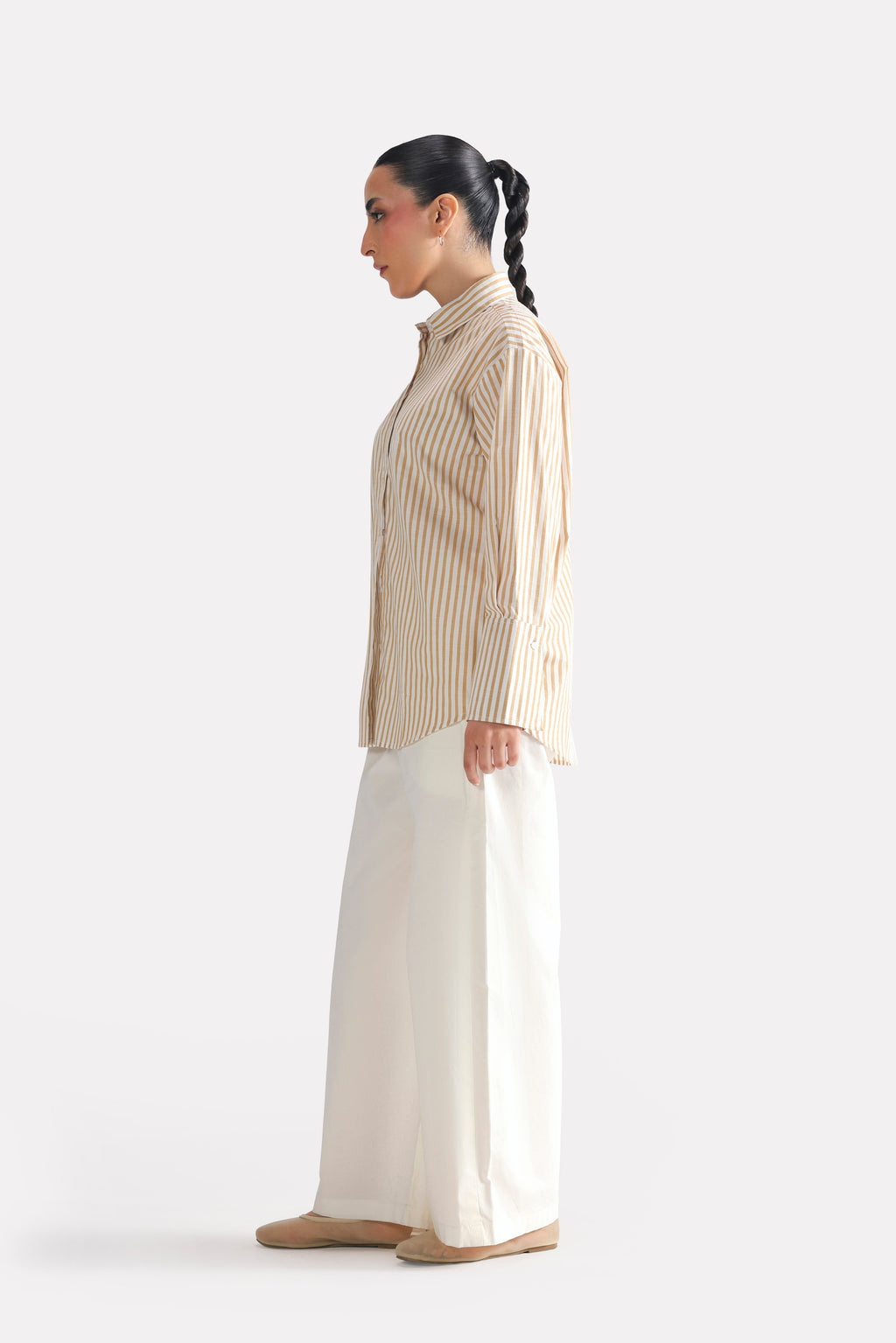 Beige & white stripe button-up stripe shirt, alternate angle, by SOLA Pakistan.